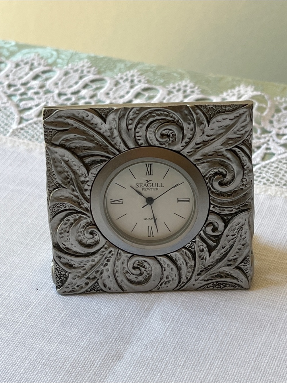 Vintage Seagull Pewter Ornate Scrollwork Desk Clock - Made in Canada